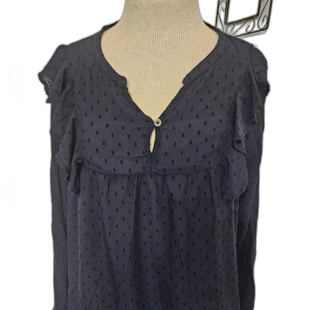 Sheer Polka dot 3/4 Sleeve  Women's Navy and Blue Sz M  USA Bass Summer blouse